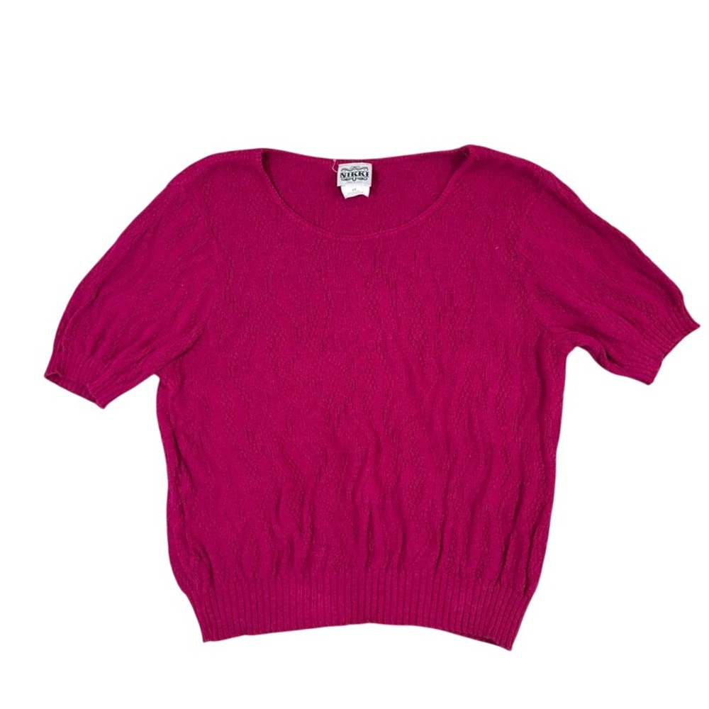Nikki Magenta Pink Cotton Cable Knit Short Sleeve Sweater Made in USA Size 44